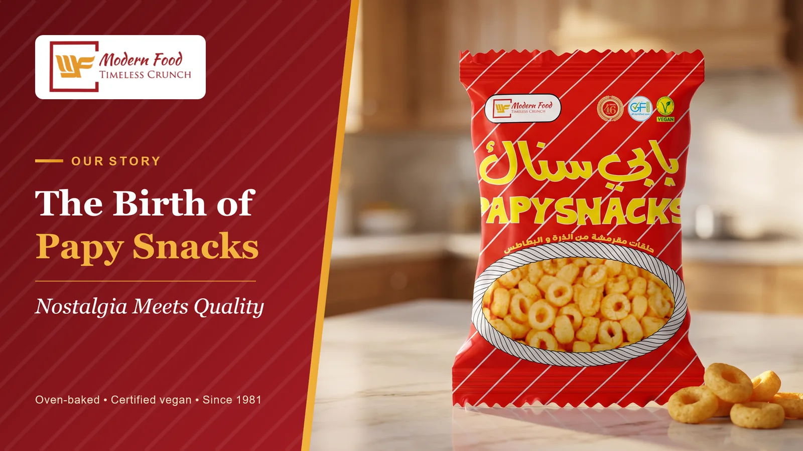 Papy Snacks pack with oven-baked corn and potato rings, labelled oven-baked, certified vegan and made since 1981