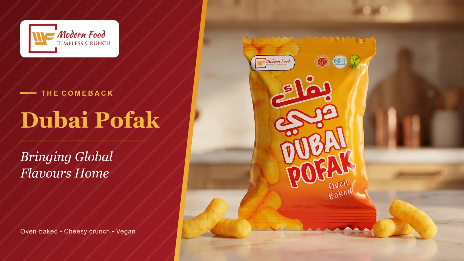 Dubai Pofak pack with oven-baked cheesy puffs, labelled oven-baked, cheesy crunch and vegan