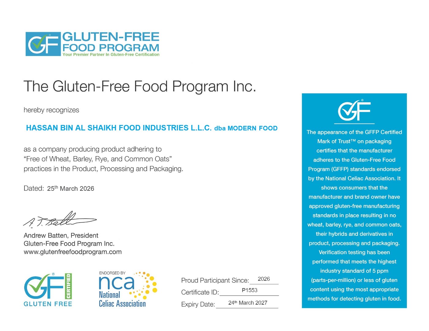 Gluten-Free Food Program certificate