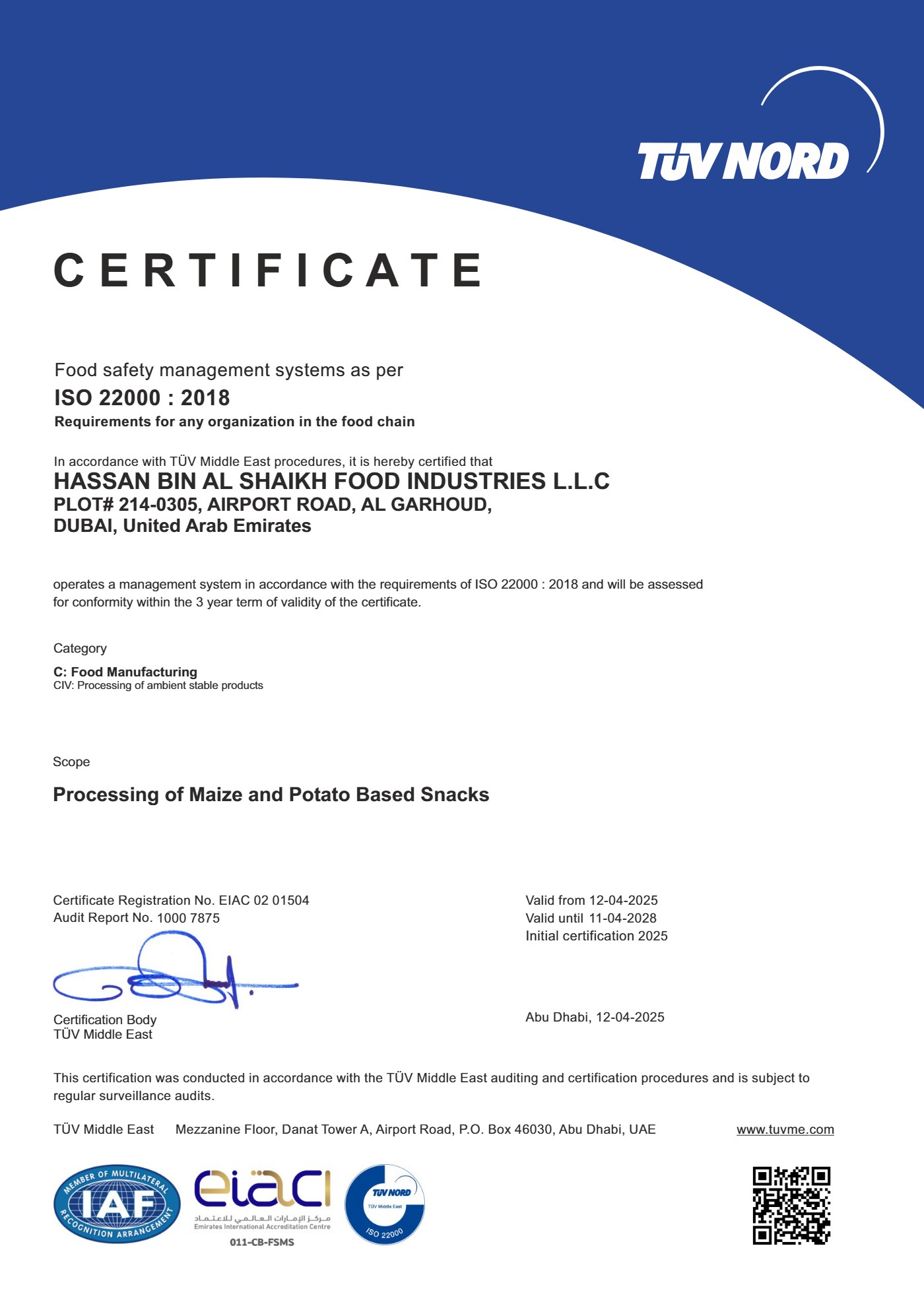 ISO 22000:2018 certificate