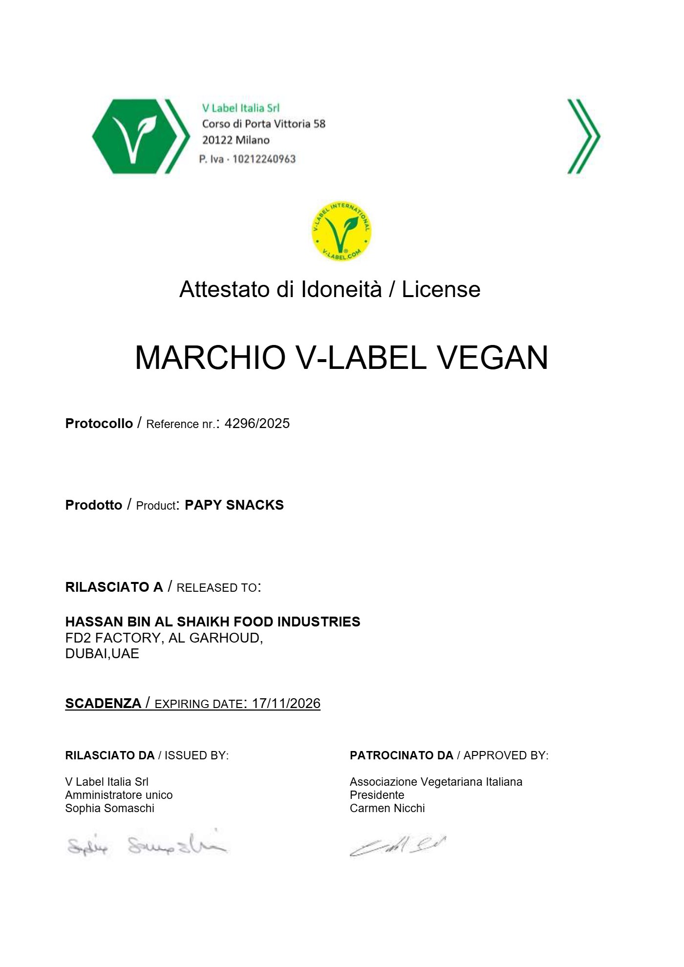 V-Label Vegan certificate for Papy Snacks
