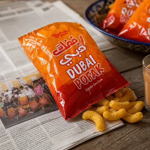 A Dubai Pofak pack on a newspaper with tea