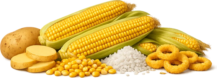 Papy Snacks corn and potato rings heaped with corn cobs, potatoes and salt